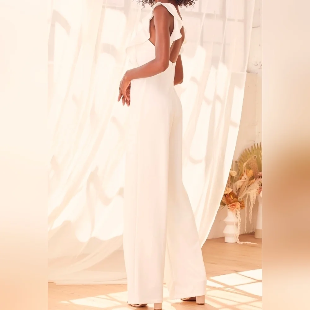 Lulus Feel Your Love White Ruffled Wide-Leg Jumpsuit, Size Medium